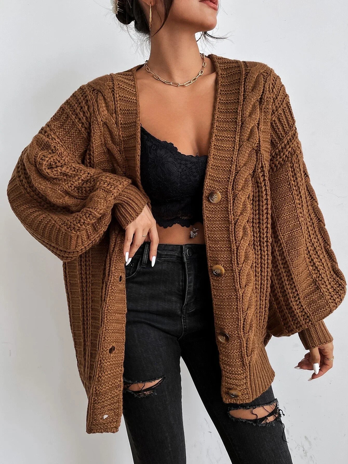 Kardigan Damski z Grubym Warkoczem | Oversized
