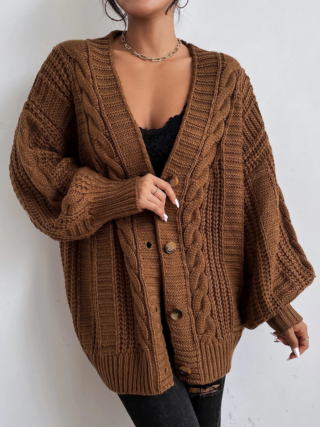 Kardigan Damski z Grubym Warkoczem | Oversized