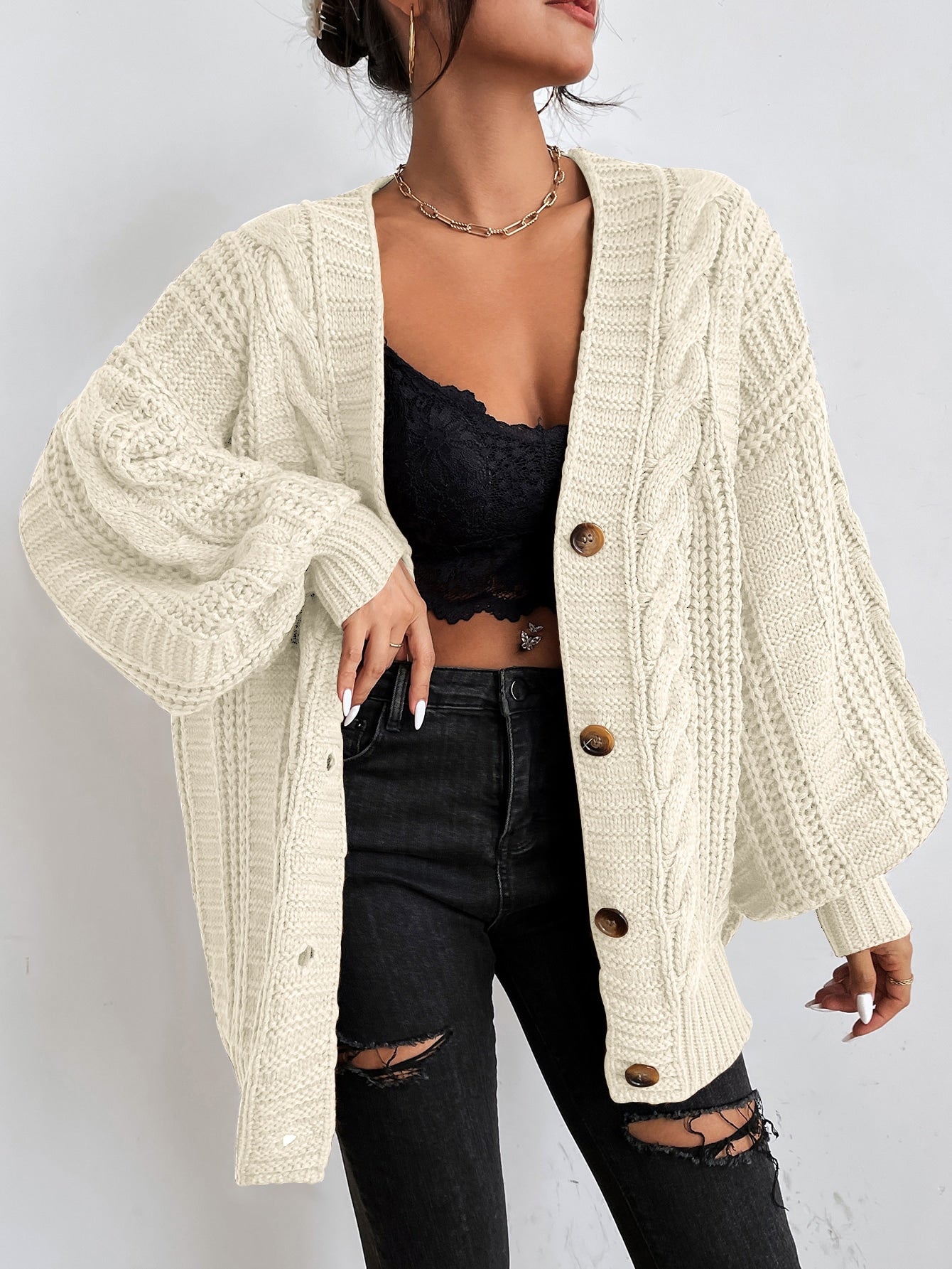 Kardigan Damski z Grubym Warkoczem | Oversized