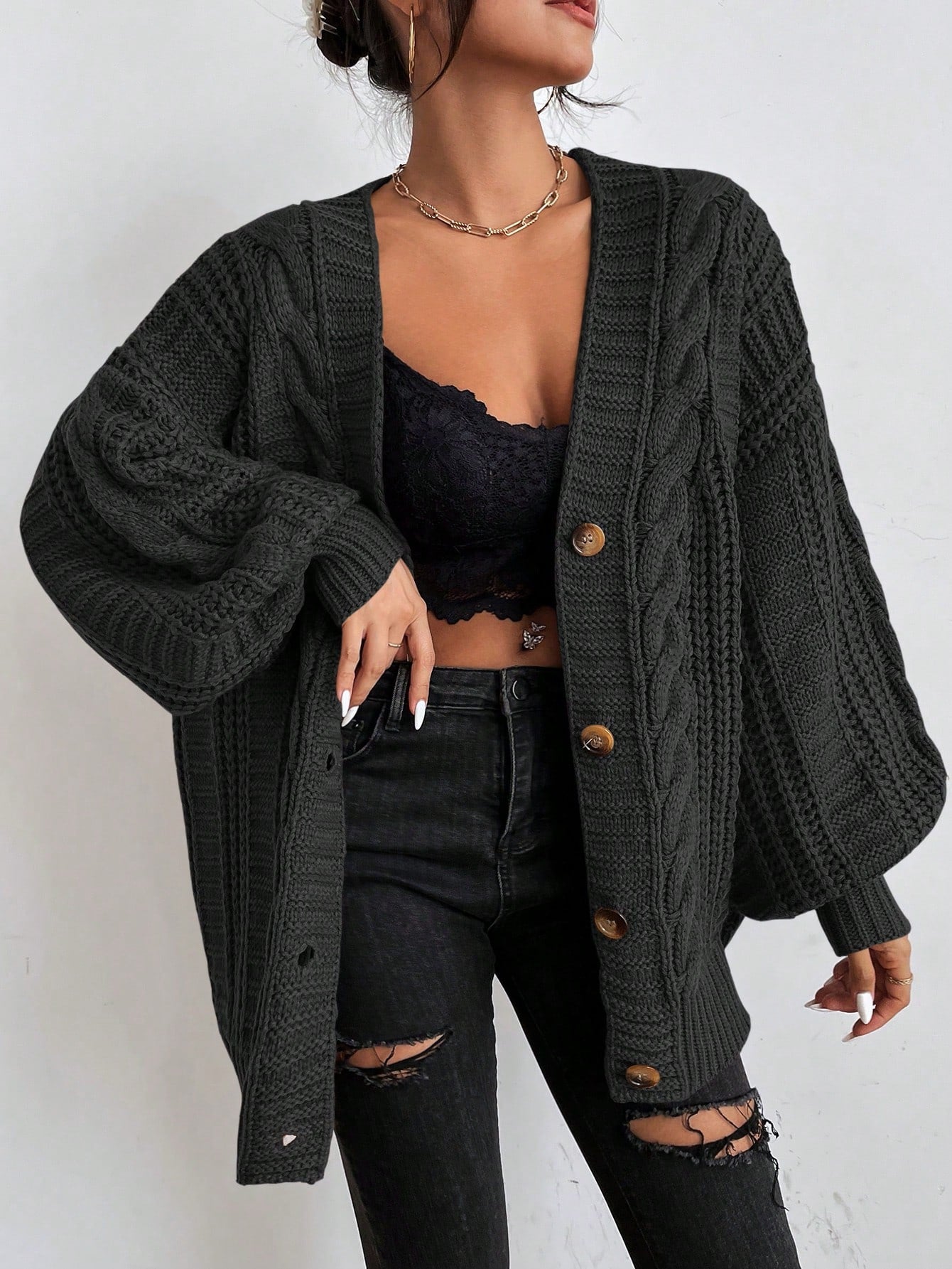 Kardigan Damski z Grubym Warkoczem | Oversized