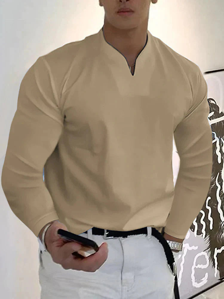Męska koszula z długim rękawem, dekolt w serek | Slim Fit