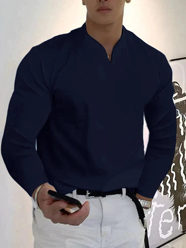 Męska koszula z długim rękawem, dekolt w serek | Slim Fit
