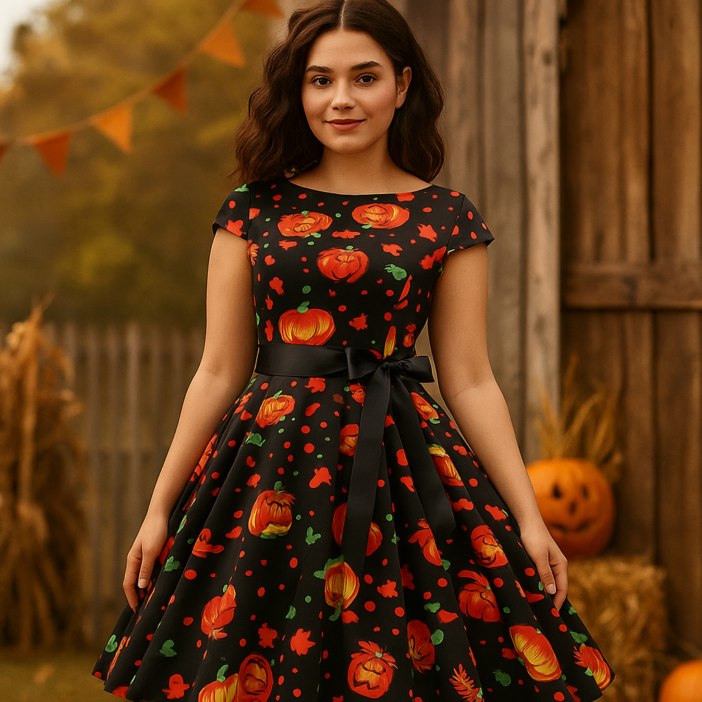 Damska sukienka midi na Halloween | Straszny wzór dyni