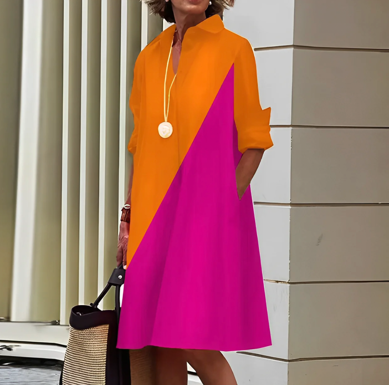 Damska Sukienka z Kołnierzykiem w Stylu Oversized | Midi