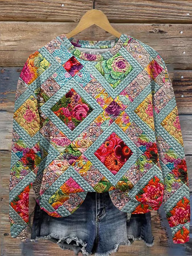 Patchwork-blomstret sweatshirt til kvinder | Langærmet