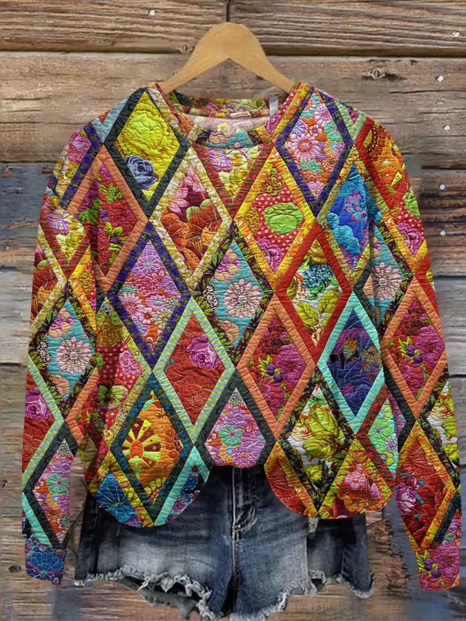 Patchwork-blomstret sweatshirt til kvinder | Langærmet