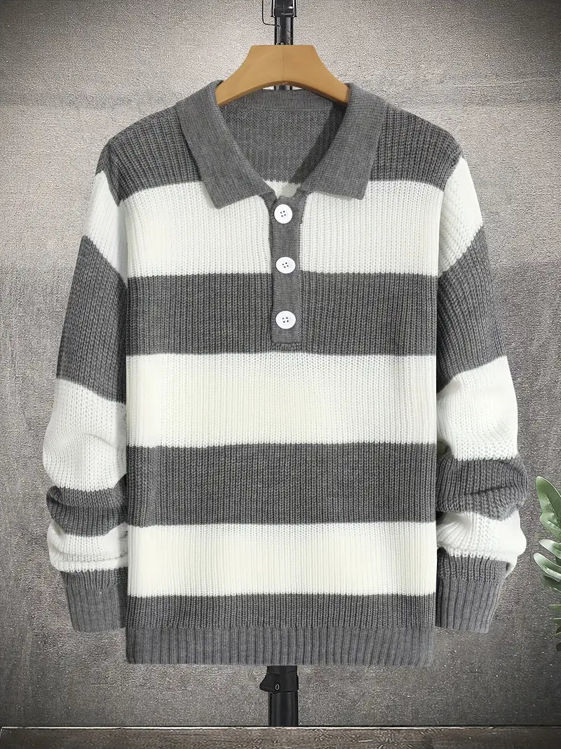 Męskie Zimowa Sweter | W Paski z Kołnierzem na Guziki