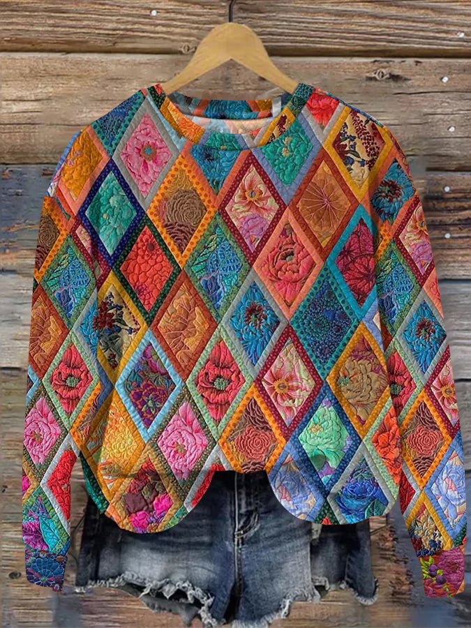 Patchwork-blomstret sweatshirt til kvinder | Langærmet