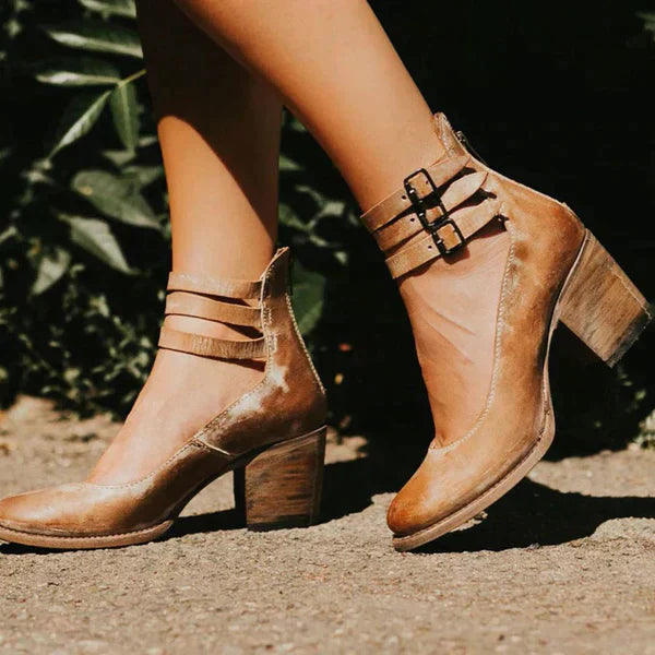 Damskie Vintage Buty na Słupku | Podwójne Paski