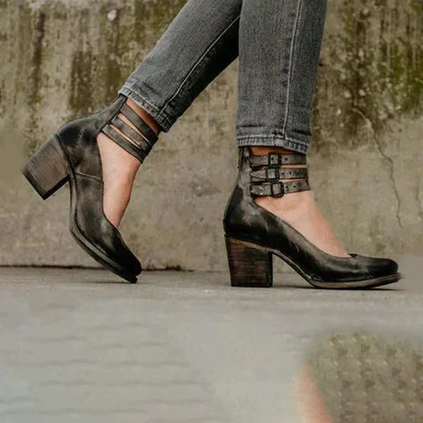 Damskie Vintage Buty na Słupku | Podwójne Paski