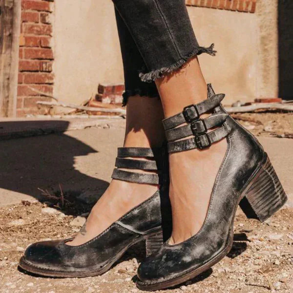 Damskie Vintage Buty na Słupku | Podwójne Paski