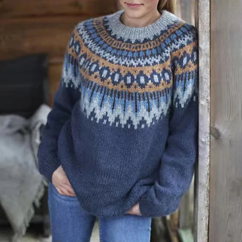 Sweter Damski z Wzorem | Okrągły Dekolt
