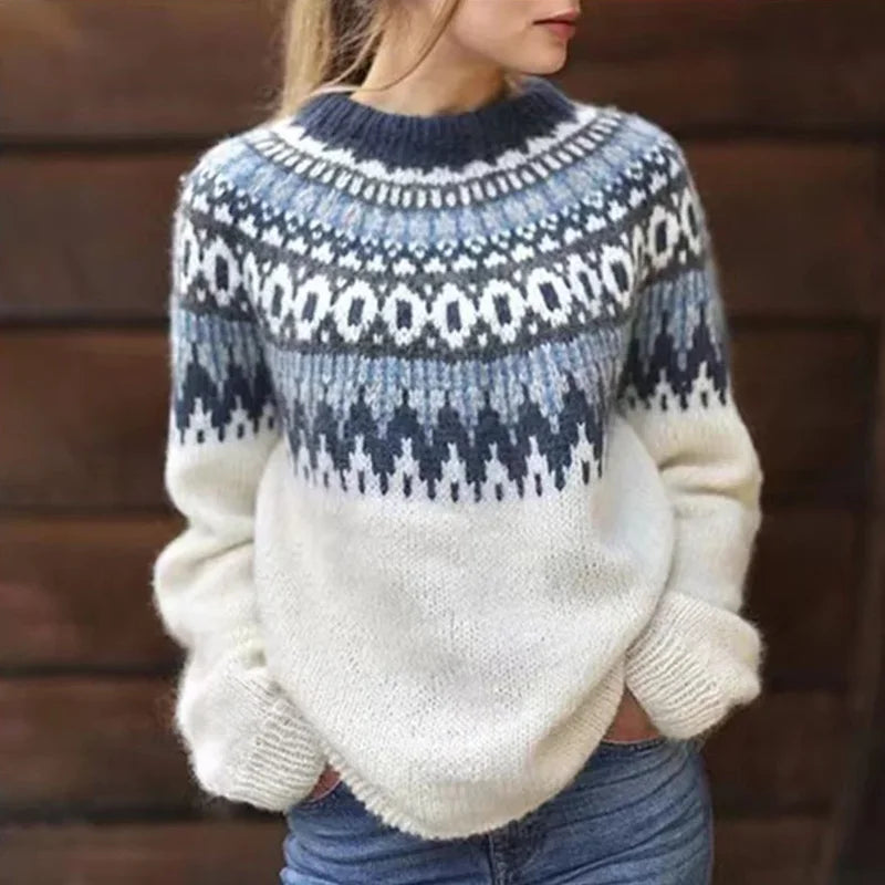Sweter Damski z Wzorem | Okrągły Dekolt