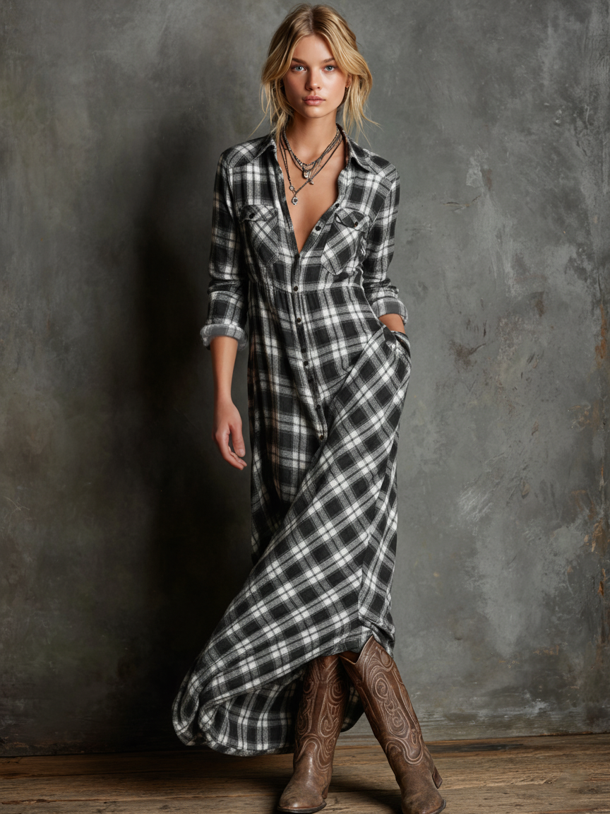 Women's Plaid Shirt Dress | Maxi