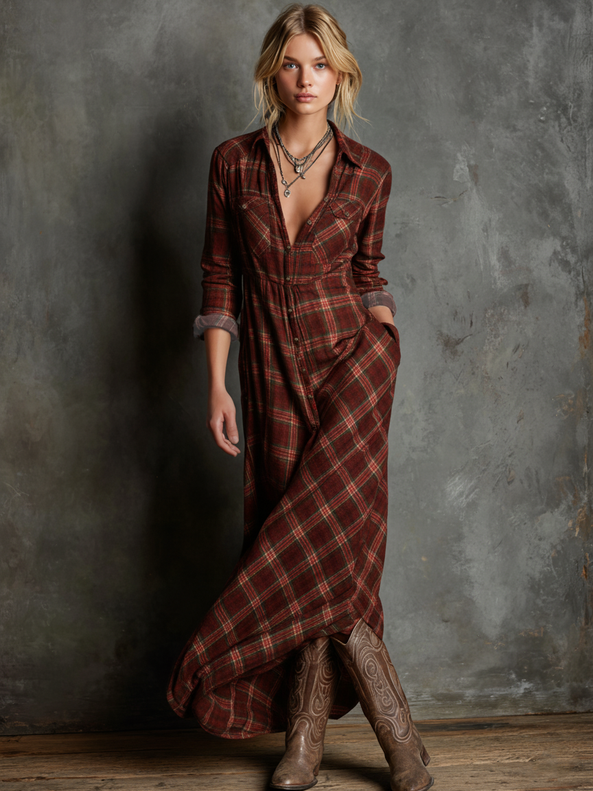 Women's Plaid Shirt Dress | Maxi
