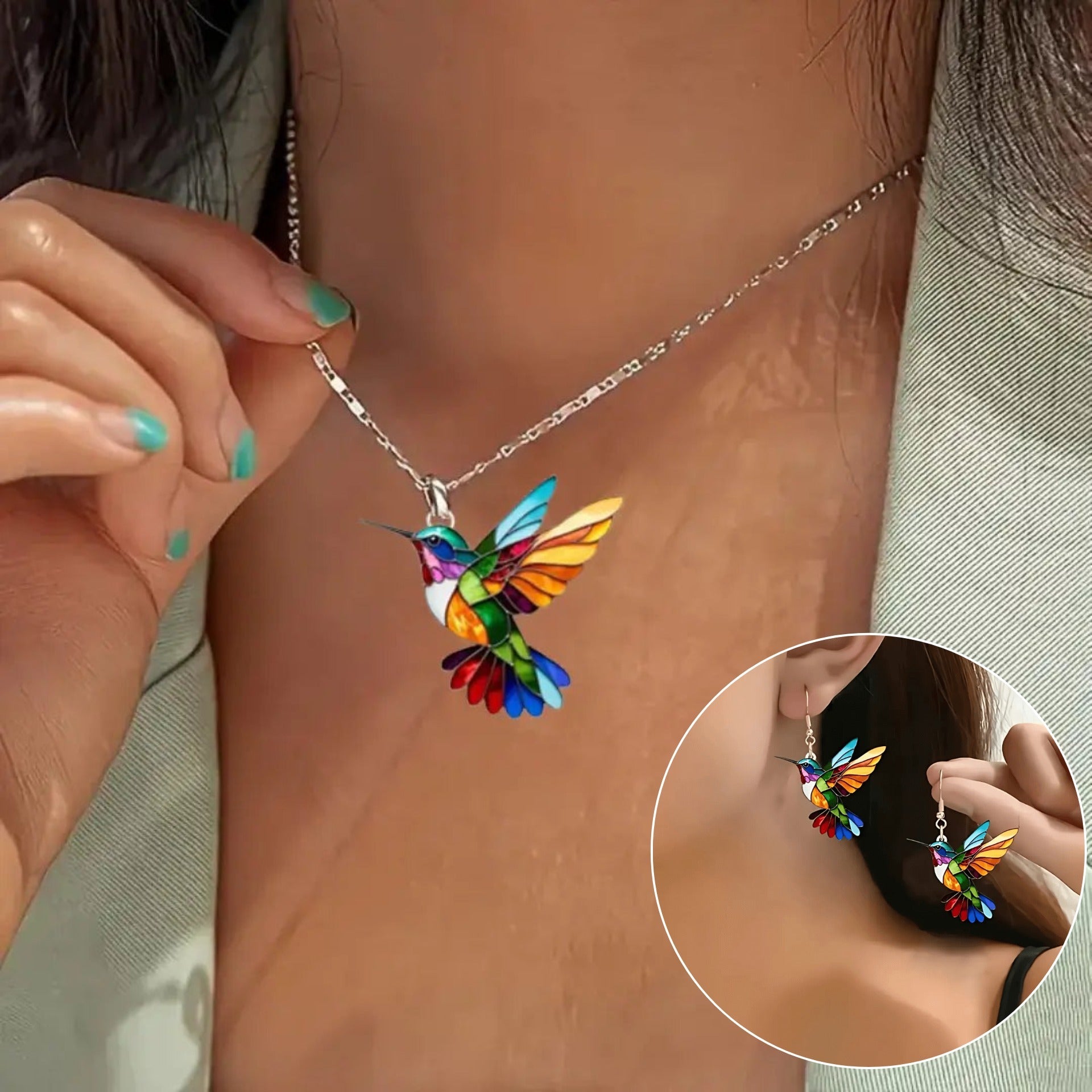 Necklace with Hummingbird Pendant | Set with Earrings