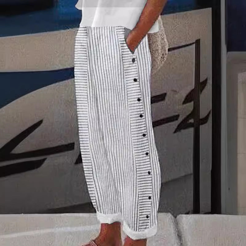Women's Casual Striped Pants | Decorative Buttons