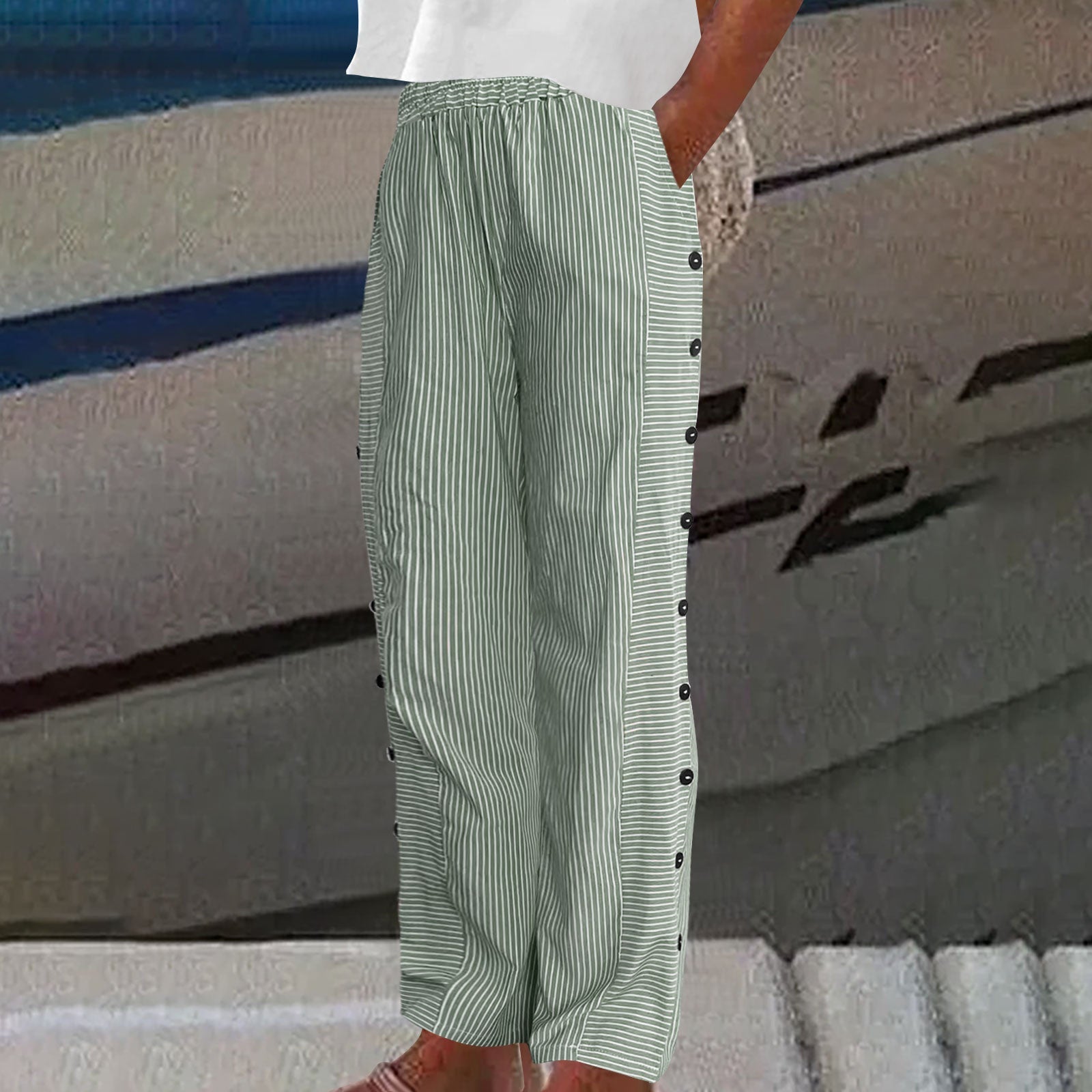 Women's Casual Striped Pants | Decorative Buttons