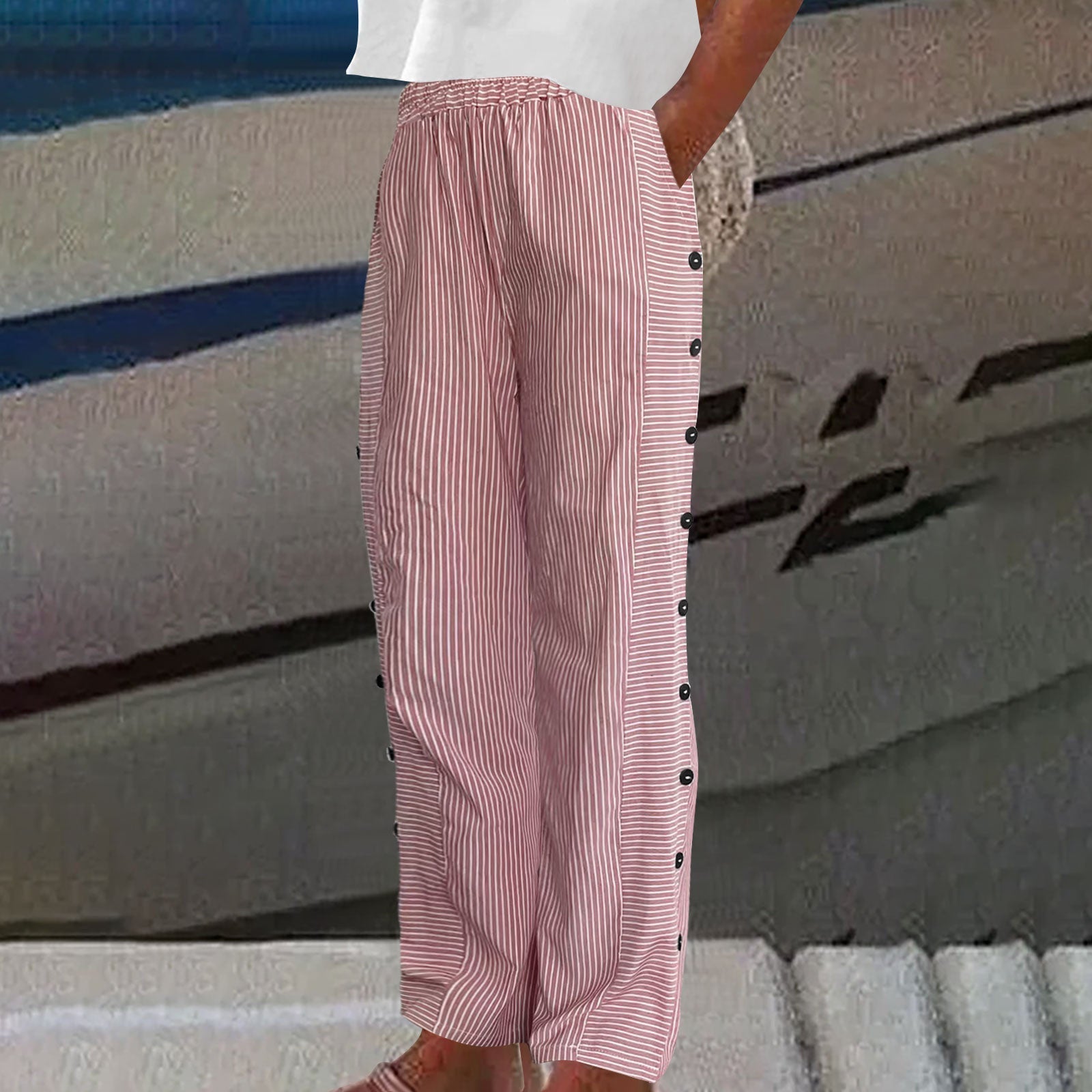 Women's Casual Striped Pants | Decorative Buttons
