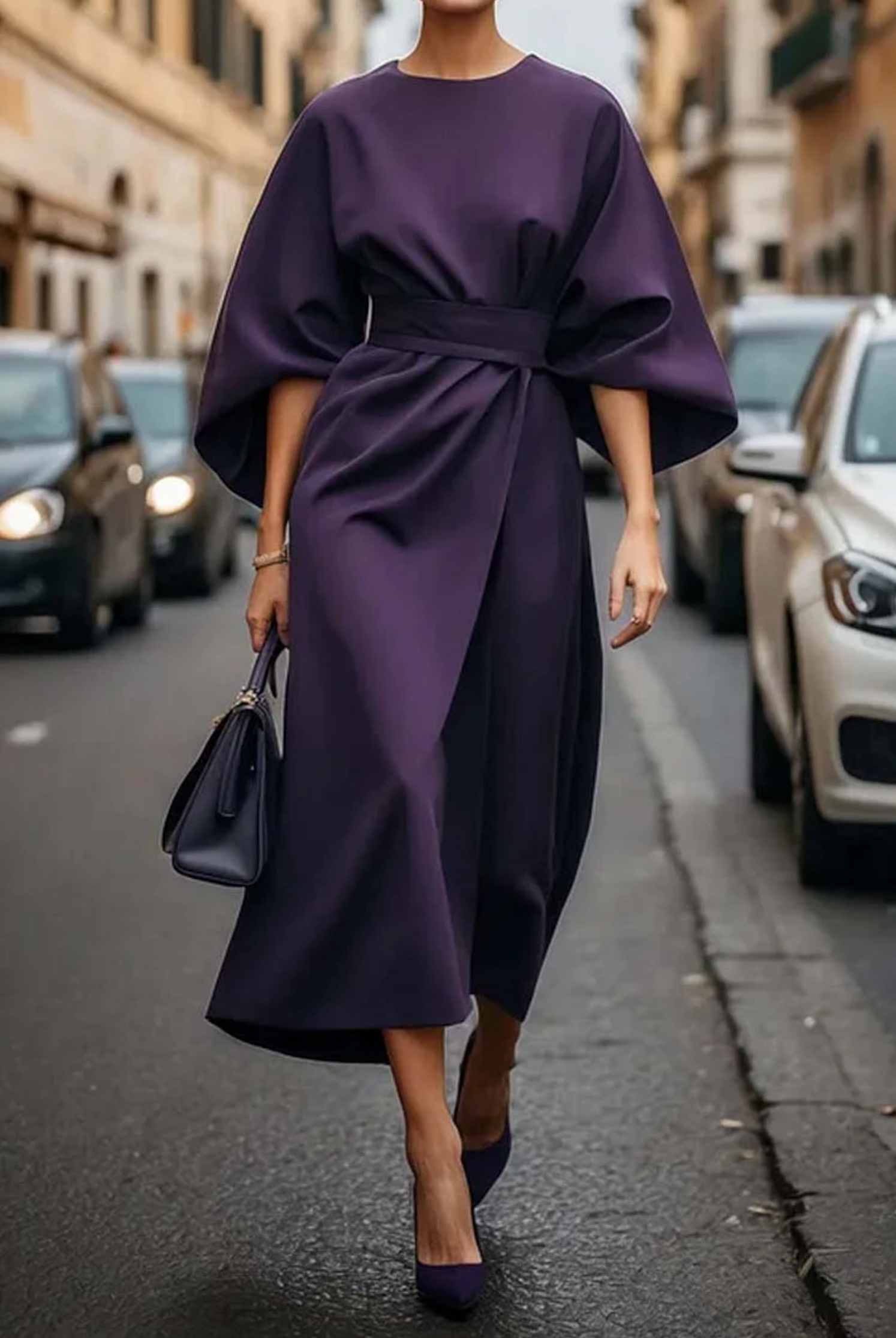 Sukienka z kimono rękawami z paskiem dla kobiet | Midi