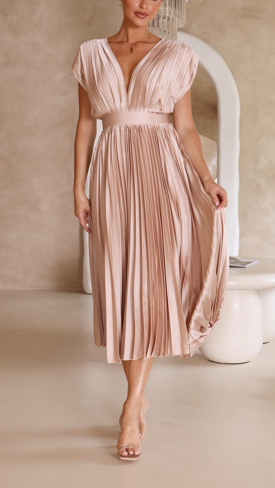 Dámské plisované maxi šaty s výstřihem do V | Elegantní