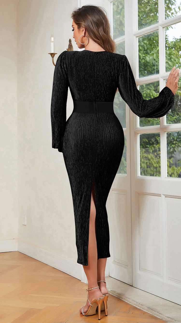 Damska Sukienka z Długim Rękawem | Z Dekoltem w Serek Midi