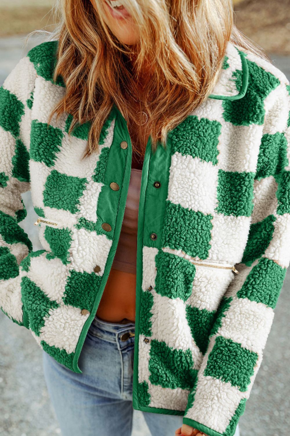 Damska Jesienna Kurtka W Kratę | Oversize Sherpa