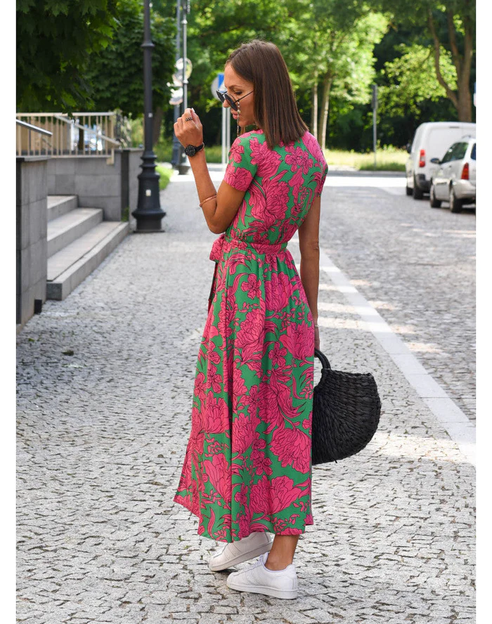 Sukienka damska krótki rękaw w stylu wrap | Maxi