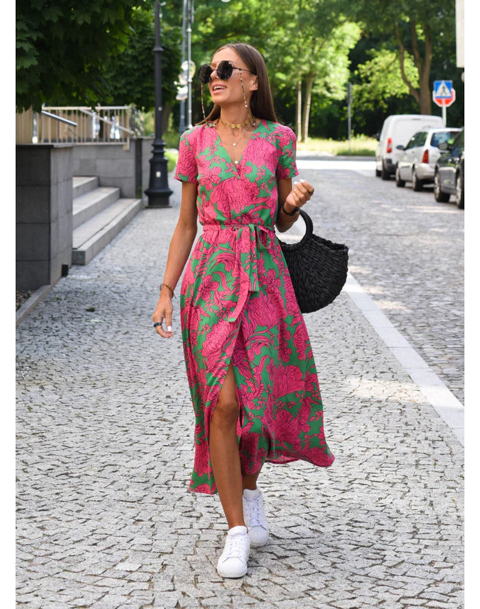 Sukienka damska krótki rękaw w stylu wrap | Maxi
