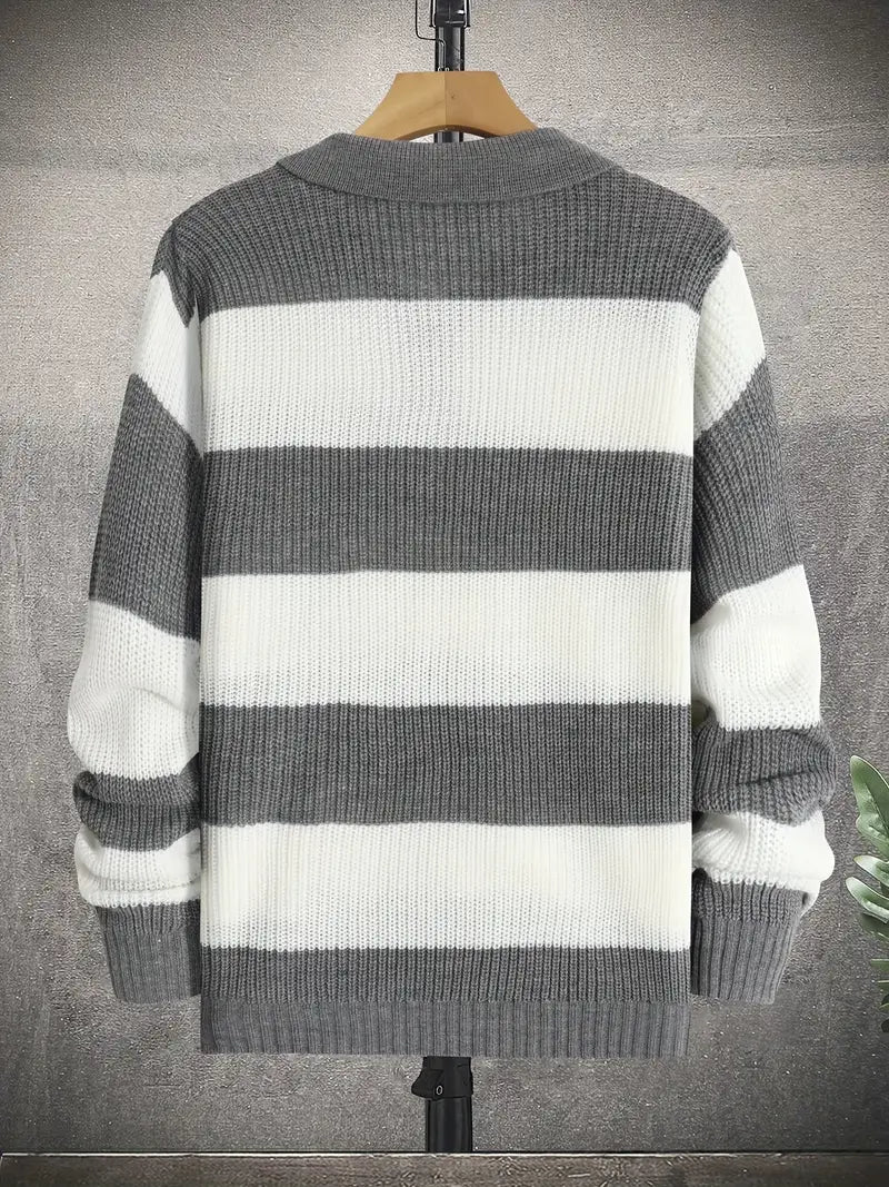 Męskie Zimowa Sweter | W Paski z Kołnierzem na Guziki