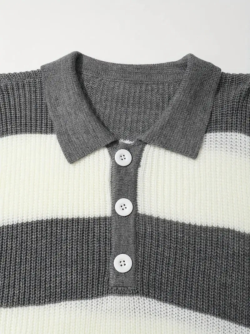 Męskie Zimowa Sweter | W Paski z Kołnierzem na Guziki