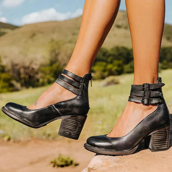 Damskie Vintage Buty na Słupku | Podwójne Paski