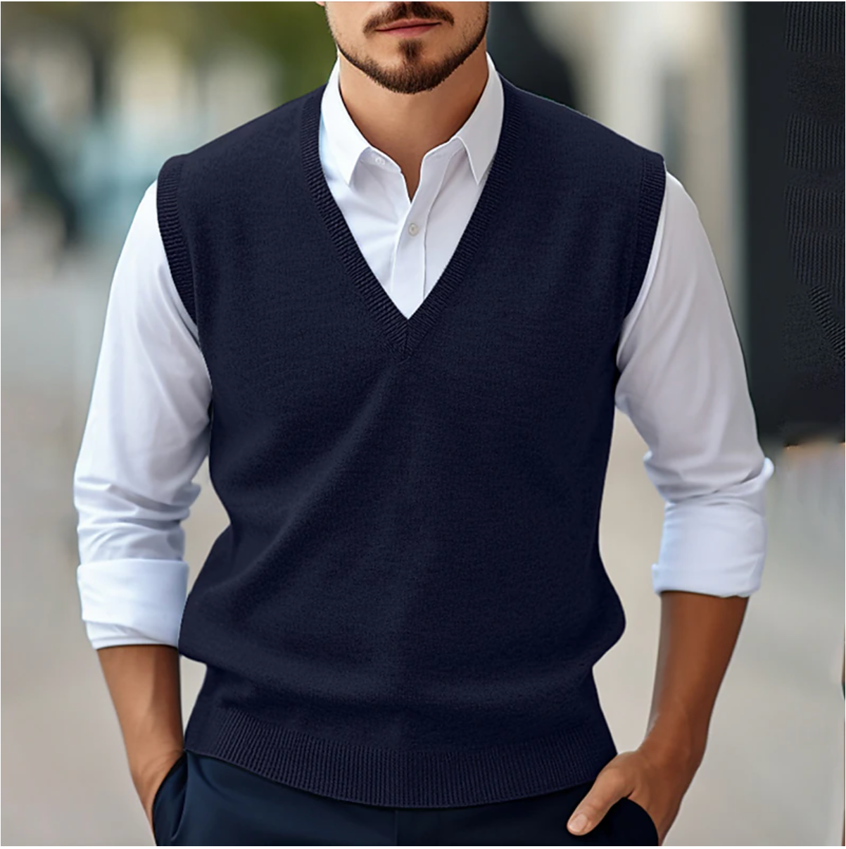 Męski sweter bez rękawów w serek | Klasyczny krój