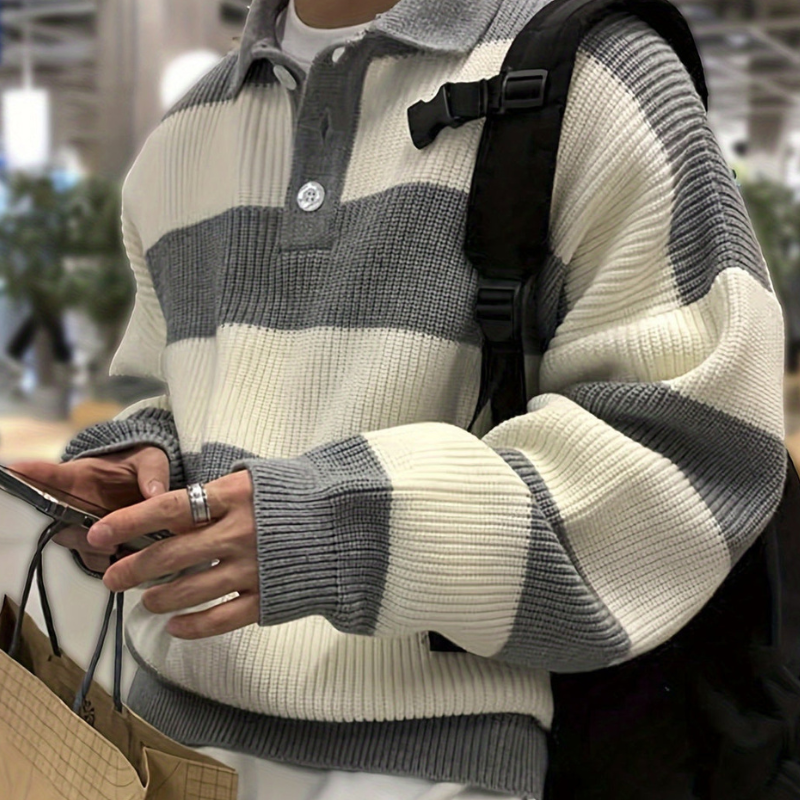 Męskie Zimowa Sweter | W Paski z Kołnierzem na Guziki