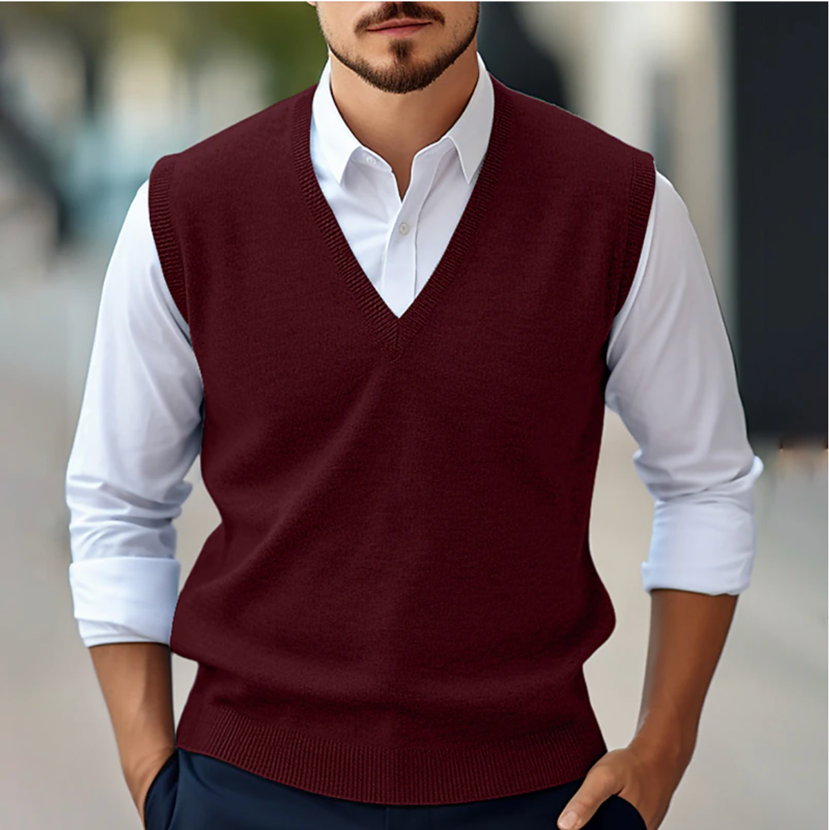 Męski sweter bez rękawów w serek | Klasyczny krój