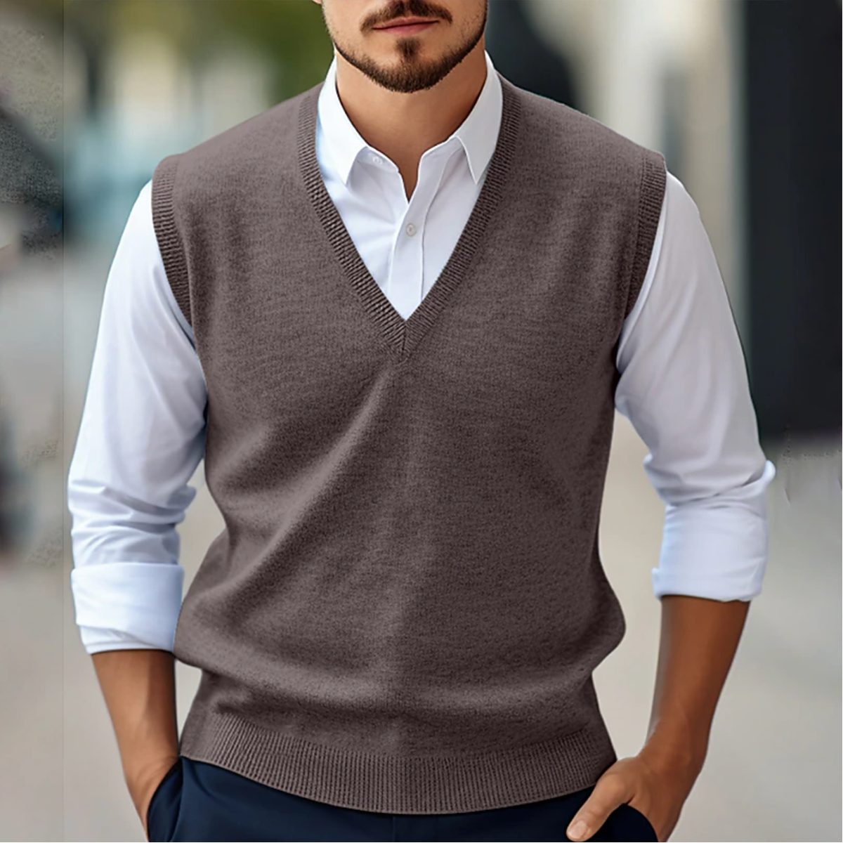 Męski sweter bez rękawów w serek | Klasyczny krój