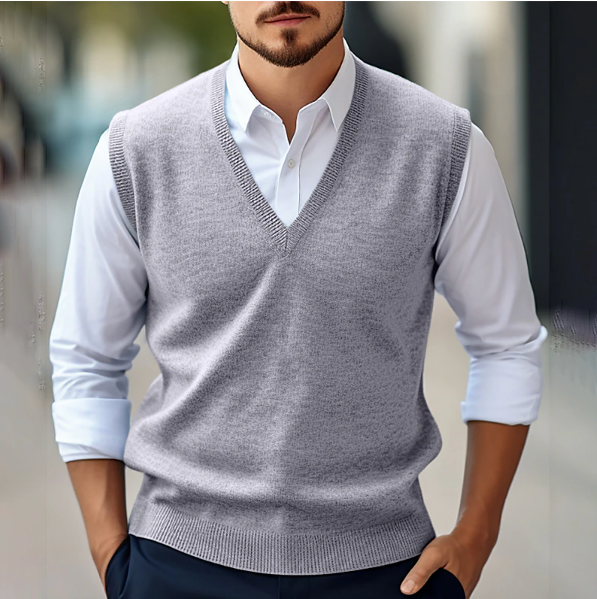 Męski sweter bez rękawów w serek | Klasyczny krój