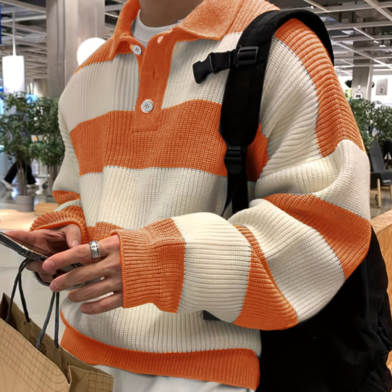 Męskie Zimowa Sweter | W Paski z Kołnierzem na Guziki