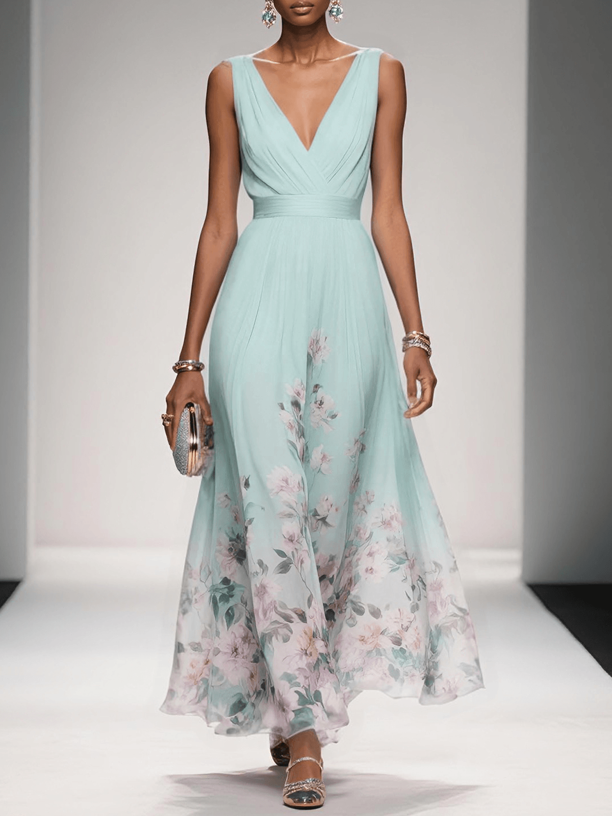 Women's Floral Dress with V-Neckline | Maxi