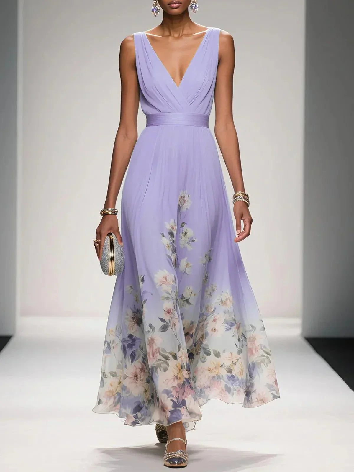 Women's Floral Dress with V-Neckline | Maxi