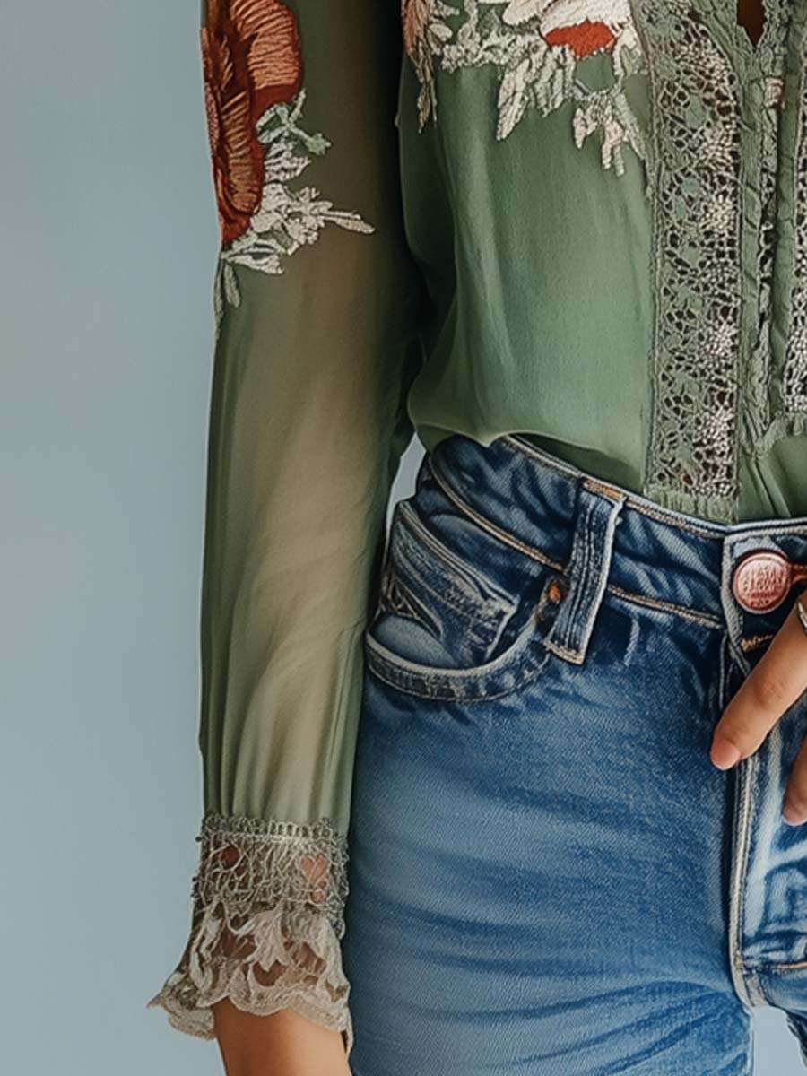Dámská boho květovaná halenka | Dlouhý rukáv