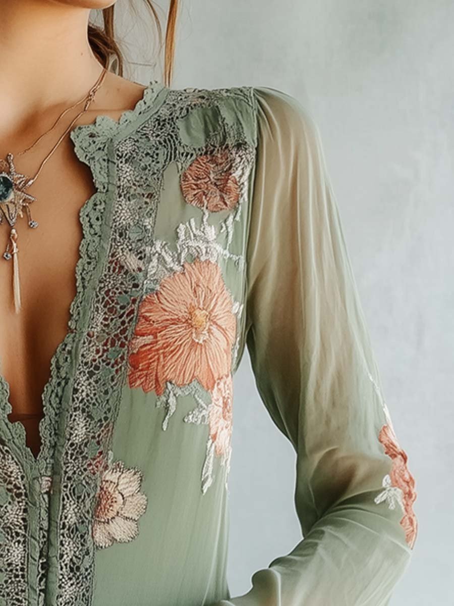 Dámská boho květovaná halenka | Dlouhý rukáv