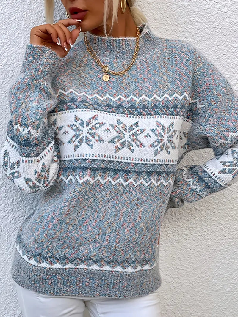 Sweter Damski z Płatkami Śniegu | Okrągły Dekolt