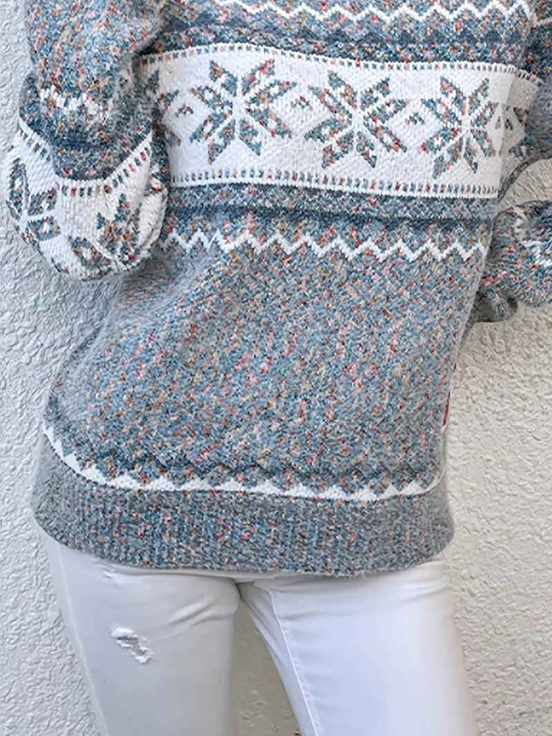 Sweter Damski z Płatkami Śniegu | Okrągły Dekolt