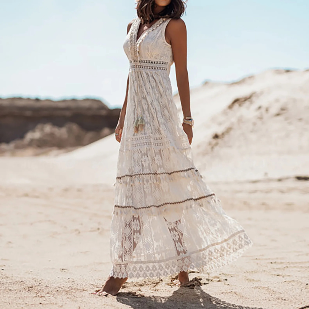 Damska Sukienka Boho z Dekoltem w Serek | Maxi